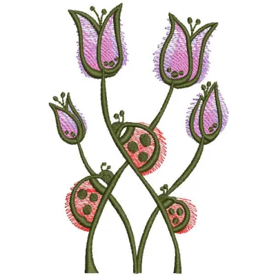 Ladybugs violet flowers embroidery design preview for summer. Filename hint: ladybugs violet flowers embroidery design.