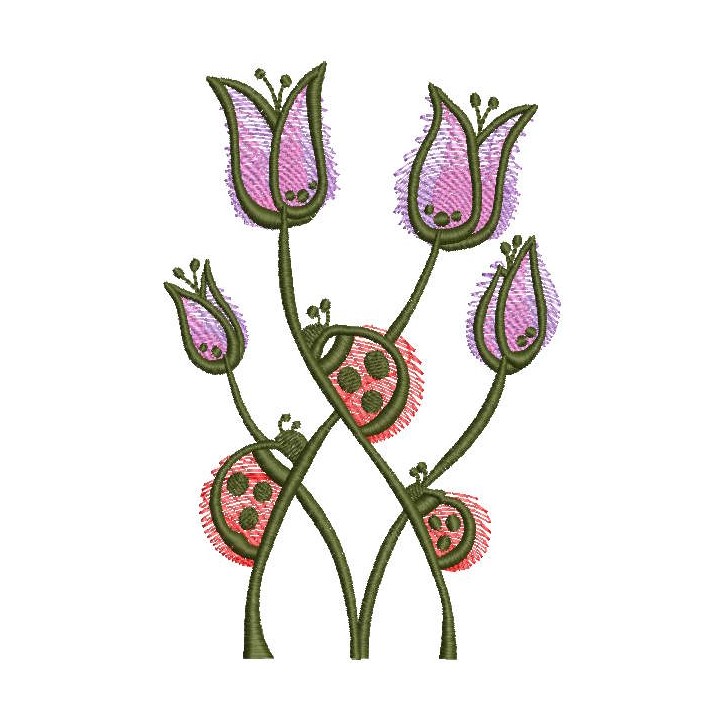 Ladybugs violet flowers embroidery design - Embroidery Design