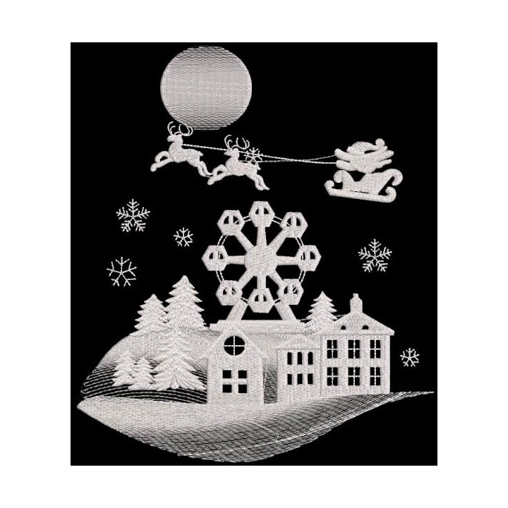 Christmas night over the city embroidery design preview. Filename: christmas night over the city embroidery design.