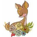 Sleeping fawn in the garden embroidery design preview showcasing detailed stitching and vibrant colors.