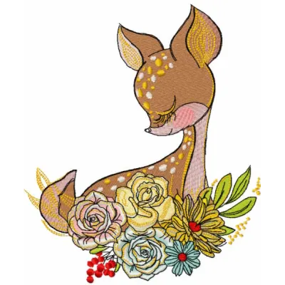 Sleeping fawn in the garden embroidery design preview showcasing detailed stitching and vibrant colors.
