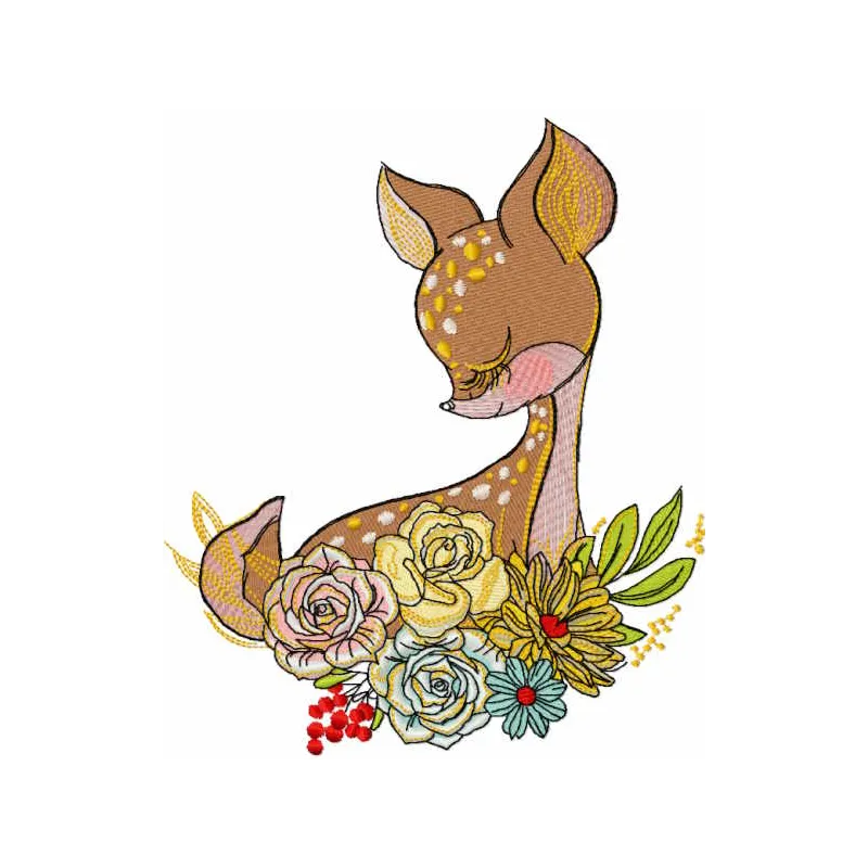 Sleeping fawn in the garden embroidery design preview showcasing detailed stitching and vibrant colors.