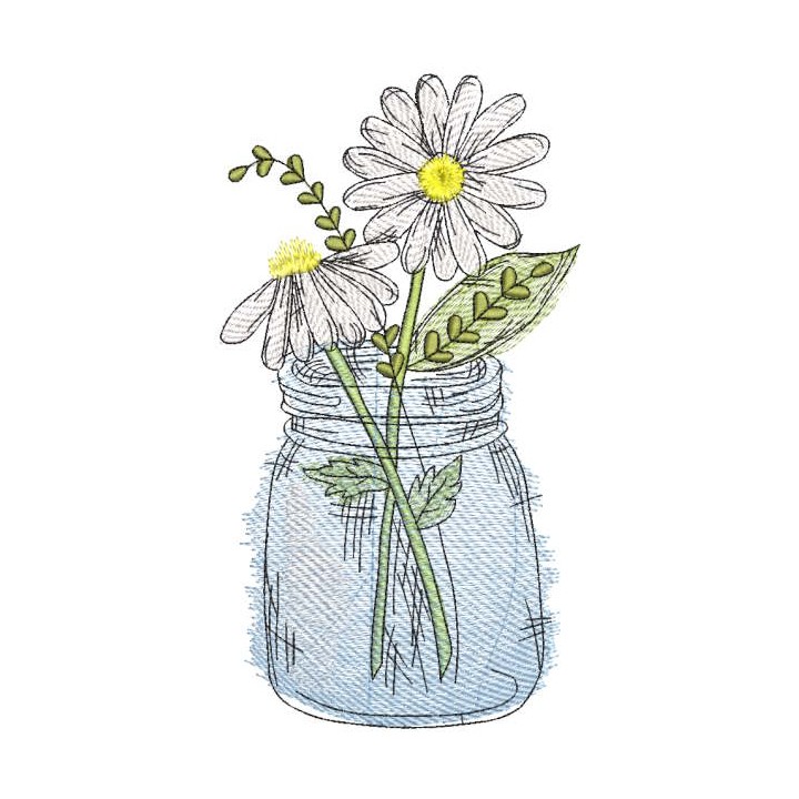 Summer daisies in a jar embroidery design - Embroidery Design