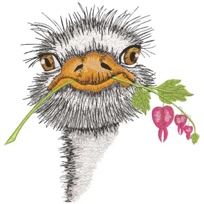 Ostrich with flower embroidery design preview showcasing detailed stitching and vibrant colors.