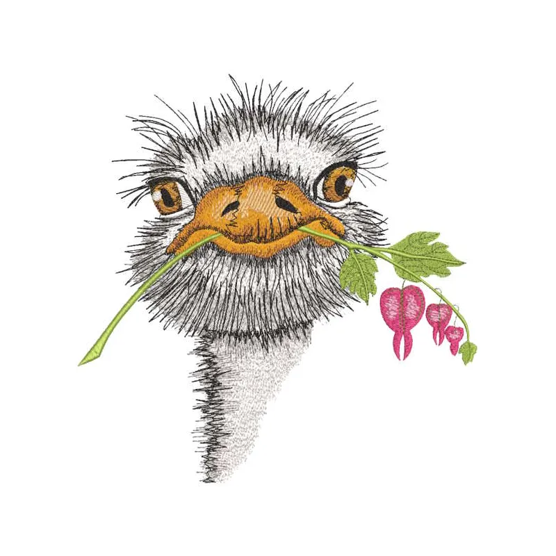 Ostrich with flower embroidery design preview showcasing detailed stitching and vibrant colors.