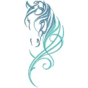 Tribal swirled horse embroidery design preview showcasing intricate details and vibrant patterns.