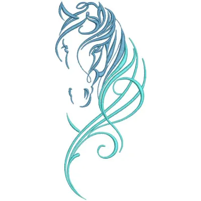 Tribal swirled horse embroidery design preview showcasing intricate details and vibrant patterns.