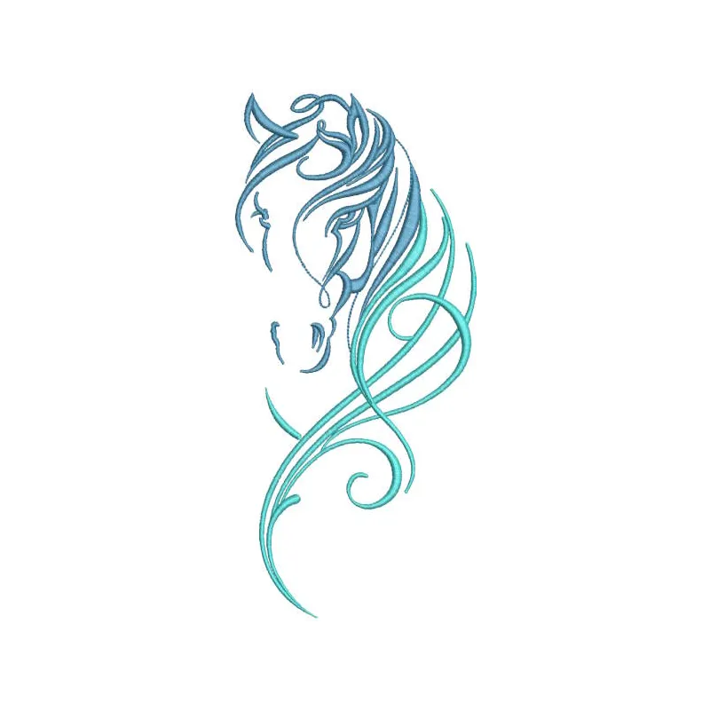 Tribal swirled horse embroidery design preview showcasing intricate details and vibrant patterns.