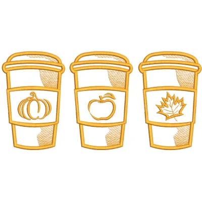 Fall Coffee embroidery design preview showcasing vibrant colors and detailed stitching in autumn theme.
