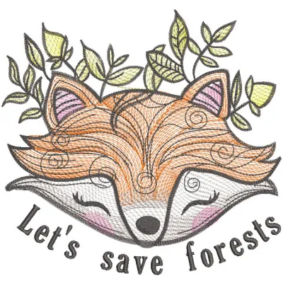Fox let's save forests embroidery design preview showcasing intricate details and vibrant colors.