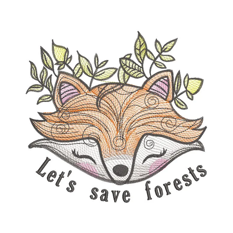 Fox let's save forests embroidery design preview showcasing intricate details and vibrant colors.