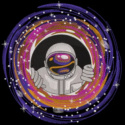 Astronaut embroidery design preview showcasing detailed stitching and vibrant colors in the Fantastic World category.