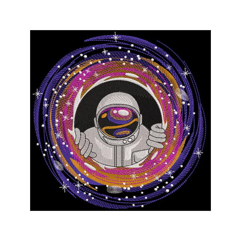 Astronaut embroidery design preview showcasing detailed stitching and vibrant colors in the Fantastic World category.