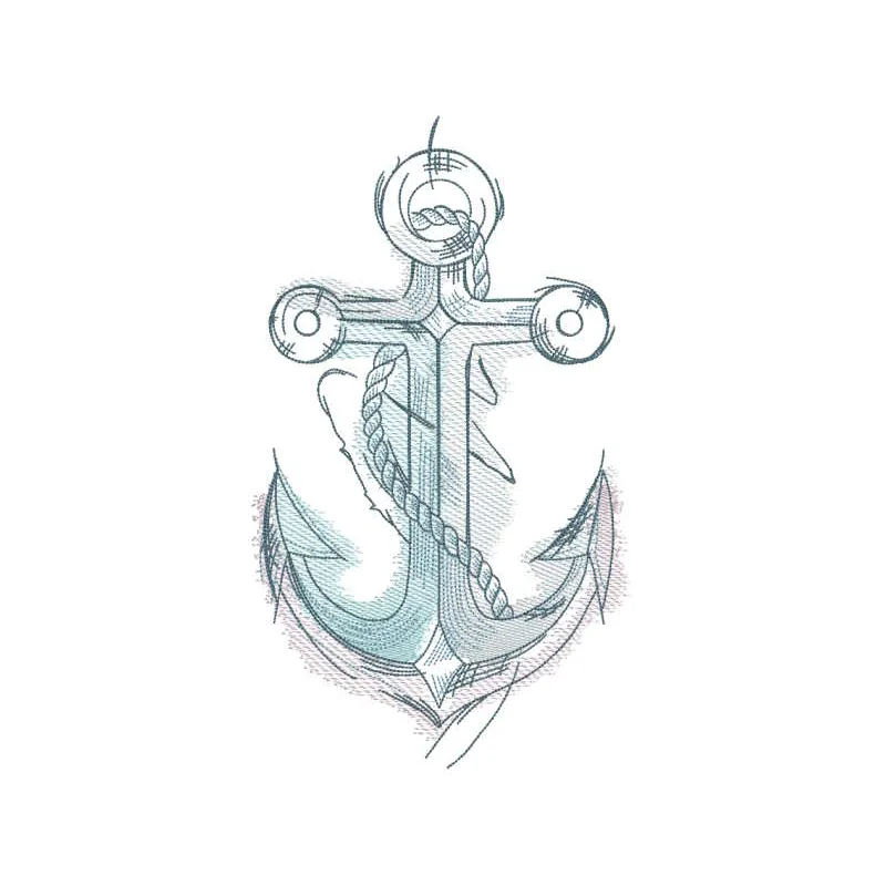 Anchor sketch tattered embroidery design preview showcasing detailed stitching and vibrant colors.