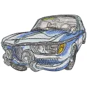 BMW vintage car 1600 embroidery design preview showcasing detailed stitching and vibrant colors.