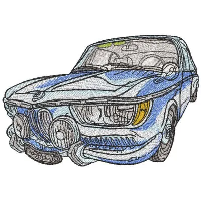 BMW vintage car 1600 embroidery design preview showcasing detailed stitching and vibrant colors.