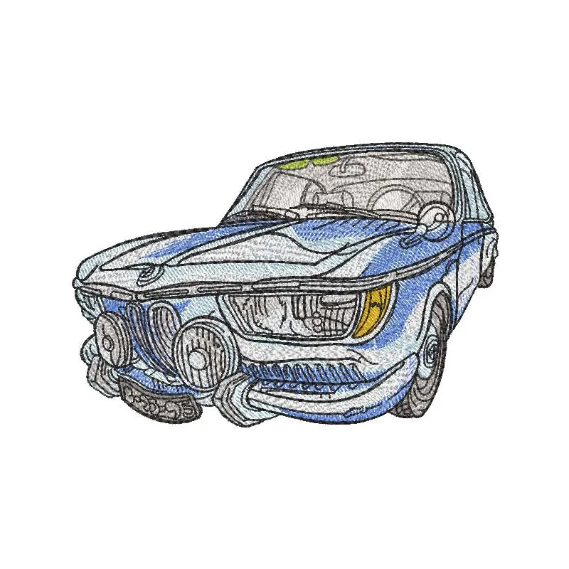 BMW vintage car 1600 embroidery design preview showcasing detailed stitching and vibrant colors.