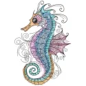 Bright tattered seahorse embroidery design preview showcasing detailed stitching and vibrant colors.