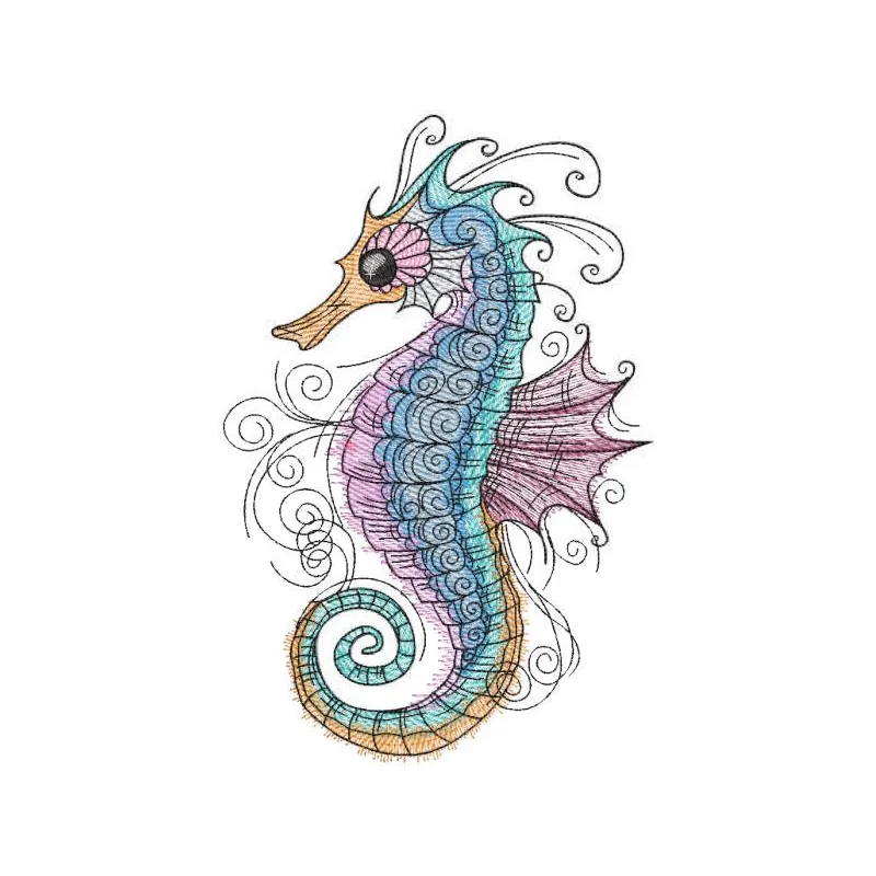 Bright tattered seahorse embroidery design preview showcasing detailed stitching and vibrant colors.