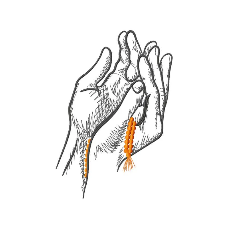 Praying hands embroidery design preview showcasing intricate details and vibrant colors in a digital format.