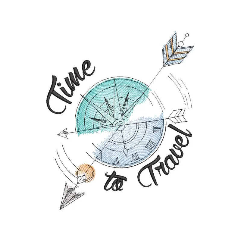 Time to travel compass clock embroidery design preview. Filename: time to travel compass clock embroidery design.