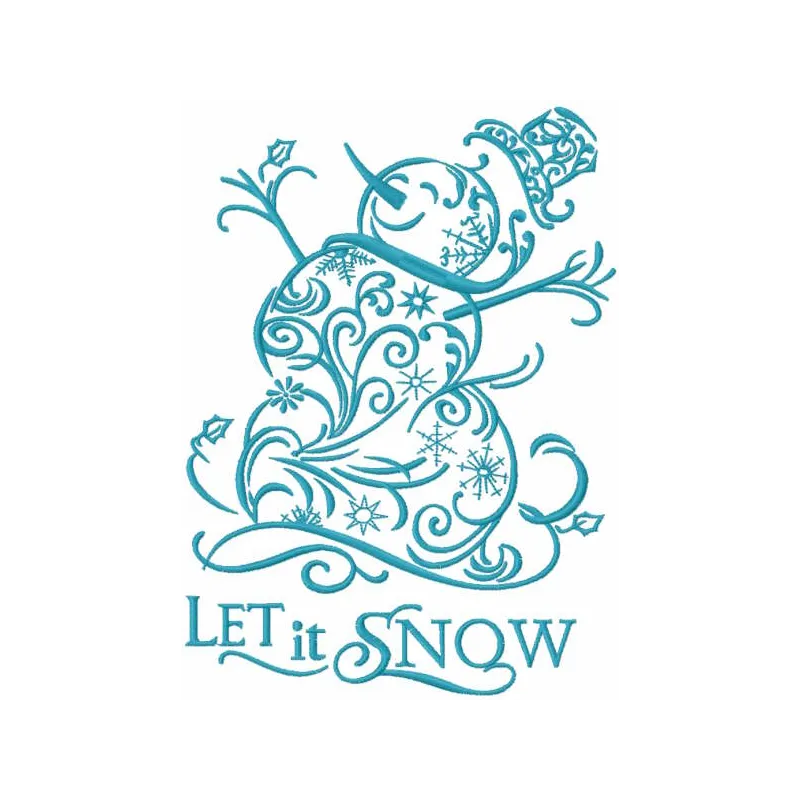 Snowman let it snow embroidery design preview showcasing detailed stitching and vibrant colors.