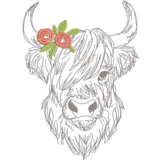 Highland cow with roses embroidery design - Embroidery Design