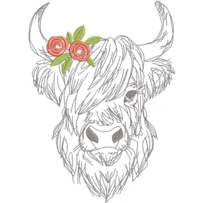 Highland cow with roses embroidery design preview. Digital file for machine embroidery projects.