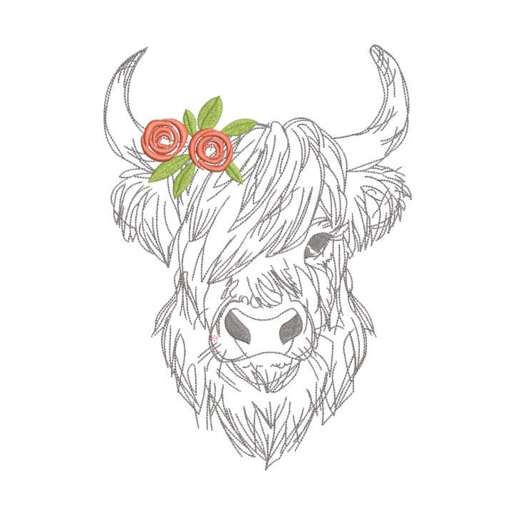 Highland cow with roses embroidery design - Embroidery Design