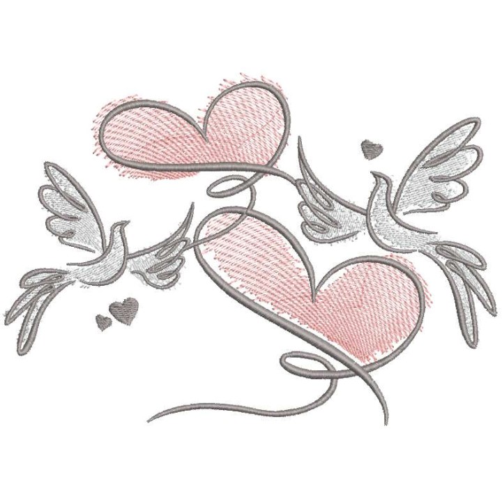 Pigeons with ribbons creating hearts embroidery design - Embroidery Design