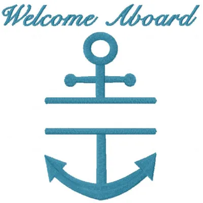 Welcome Aboard anchor embroidery design preview. Nautical theme for your machine embroidery projects.