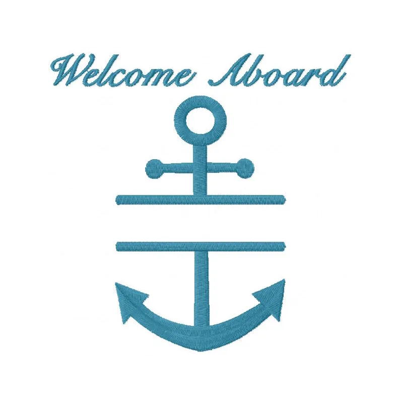 Welcome Aboard anchor embroidery design preview. Nautical theme for your machine embroidery projects.