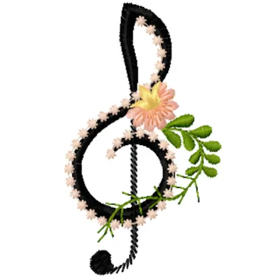Treble clef flowers embroidery design preview showcasing intricate details and vibrant colors for FSL projects.