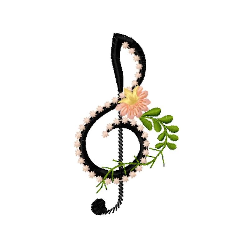 Treble clef flowers embroidery design preview showcasing intricate details and vibrant colors for FSL projects.