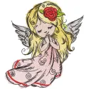 Angel with a rose in golden hair embroidery design preview showcasing intricate details and vibrant colors.