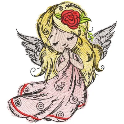 Angel with a rose in golden hair embroidery design preview showcasing intricate details and vibrant colors.