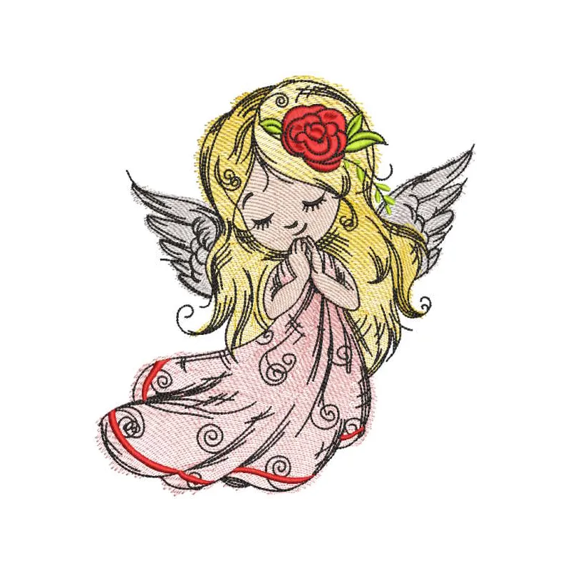 Angel with a rose in golden hair embroidery design preview showcasing intricate details and vibrant colors.