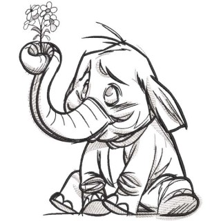 Sitting baby elephant with flower sketch embroidery design - Embroidery Design