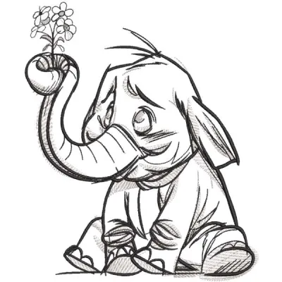 Sitting baby elephant with flower sketch embroidery design preview. Filename: sitting baby elephant with flower sketch.