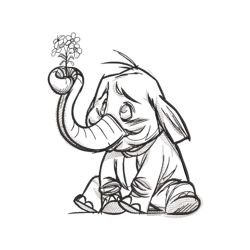 Sitting baby elephant with flower sketch embroidery design preview. Filename: sitting baby elephant with flower sketch.
