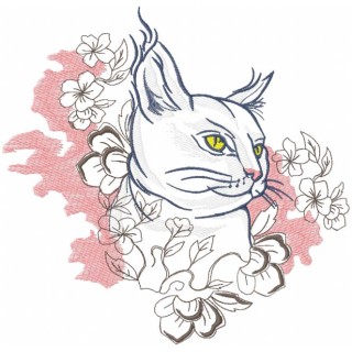 Cat with spring flowers embroidery design - Embroidery Design