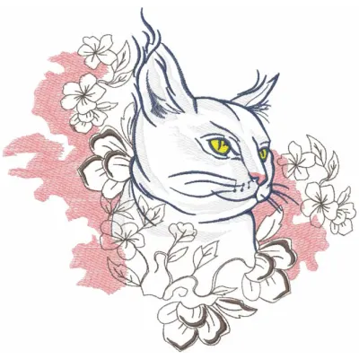 Cat with spring flowers embroidery design preview showcasing vibrant colors and detailed stitching.