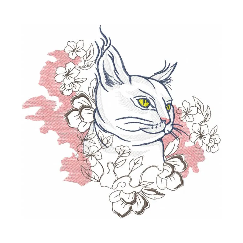 Cat with spring flowers embroidery design preview showcasing vibrant colors and detailed stitching.