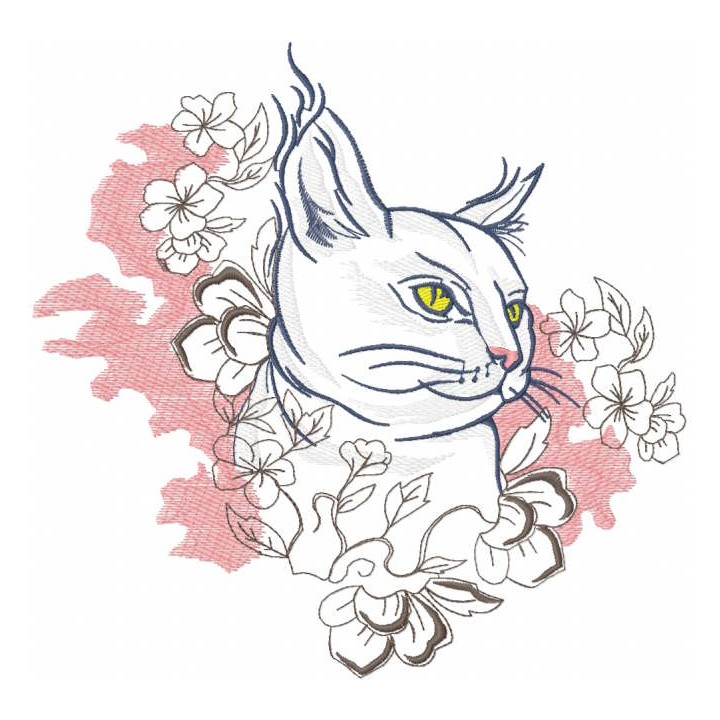 Cat with spring flowers embroidery design - Embroidery Design