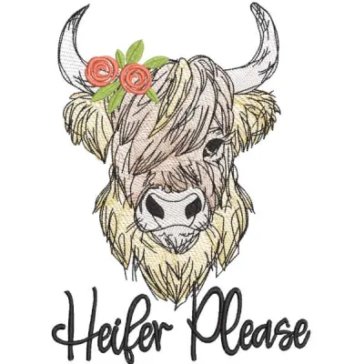 Heifer please embroidery design preview showcasing a charming farm animal pattern for your projects.