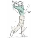 Golfer with stick sketch embroidery design preview showcasing detailed stitching for golf enthusiasts.