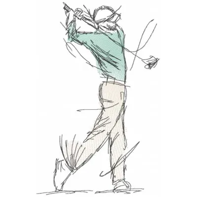 Golfer with stick sketch embroidery design preview showcasing detailed stitching for golf enthusiasts.