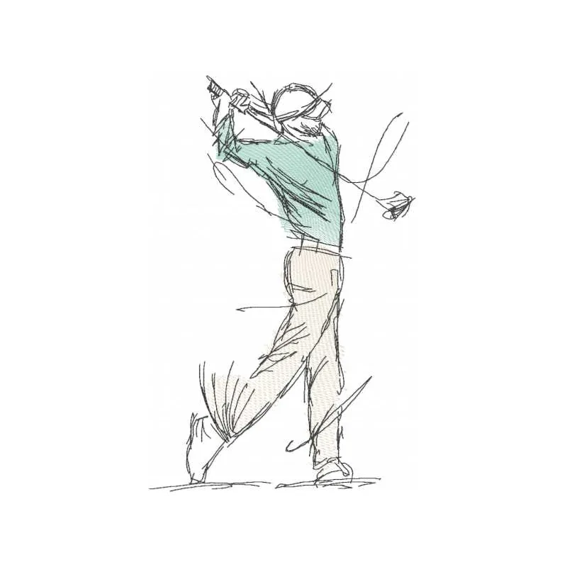Golfer with stick sketch embroidery design preview showcasing detailed stitching for golf enthusiasts.