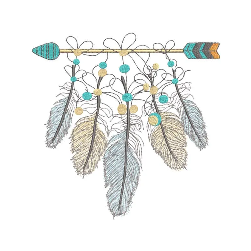Indian arrow with feathers embroidery design preview showcasing intricate details and vibrant colors.