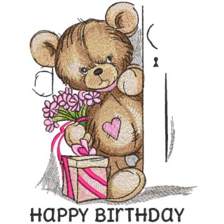 Teddy bear with gift opens door embroidery design - Embroidery Design